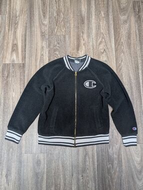 Champion Womens L Sherpa Fleece Full Zip Varsity Jacket Black Patch Spellout